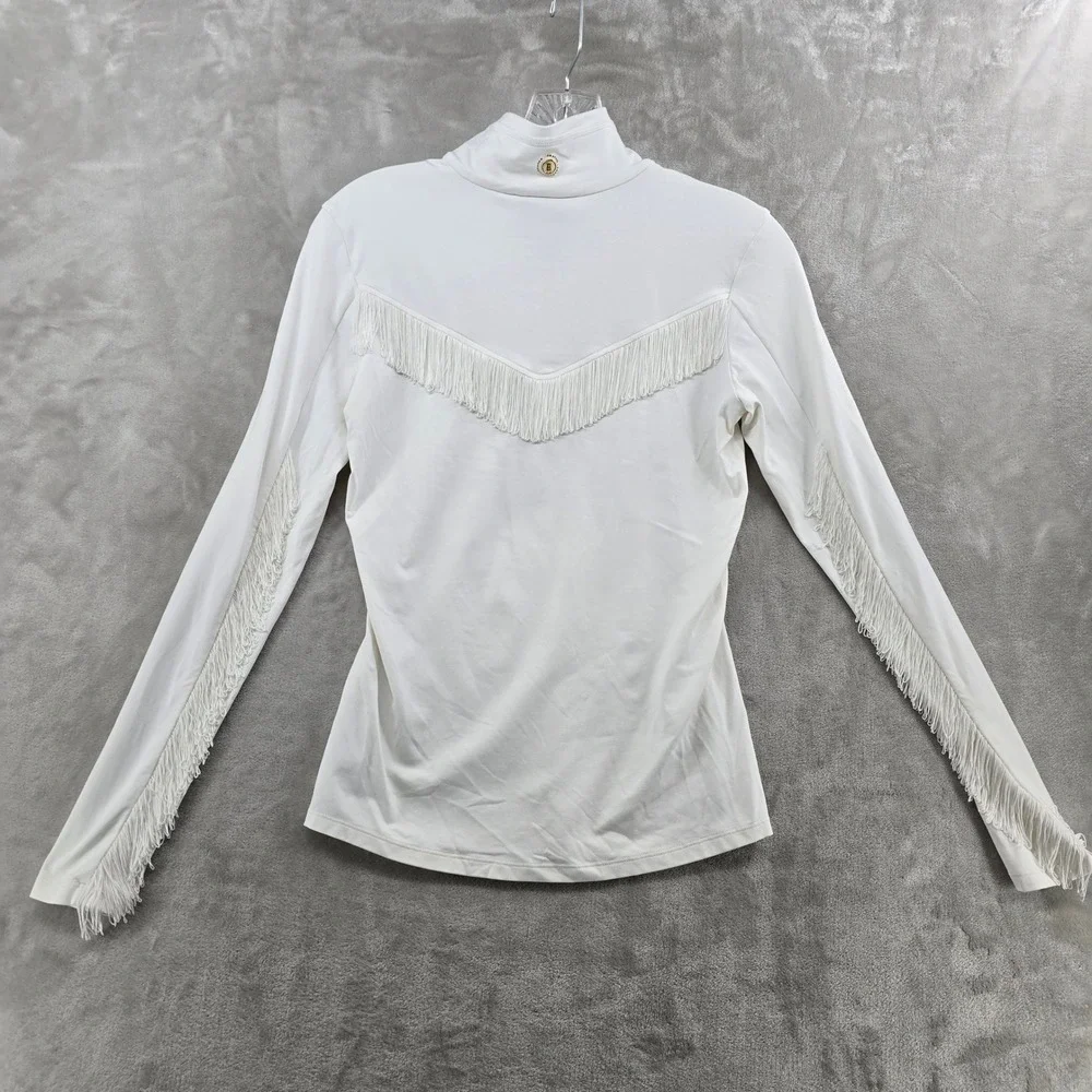 Bogner Women XS Quarter Zip Pullover White Fringe Long Sleeve Logo Top - Picture 2 of 10